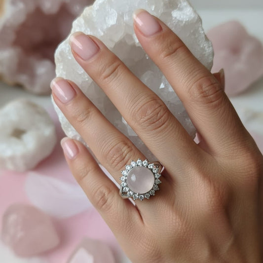 Anel Ajustável Quartzo Rosa Banhado a Platina